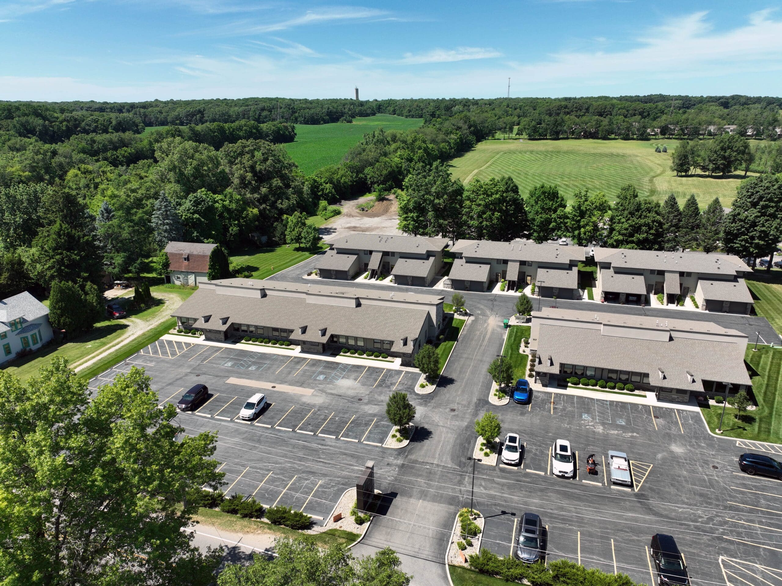 Aerial view of multi-building commercial development designed by GMF Architecture & Development.