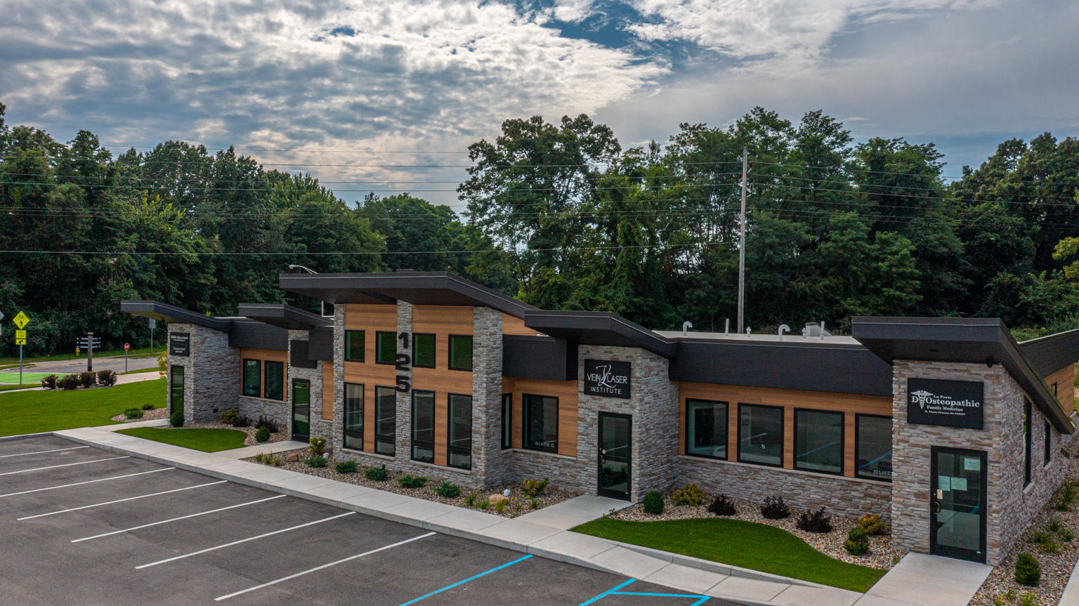 Modern office buildings designed by GMF Architecture & Development in La Porte, IN.